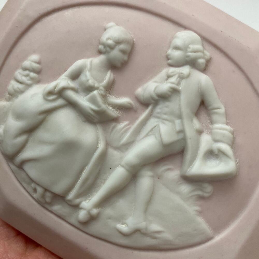 Germany Pink Cream Carved Octagon Trinket Box Powder Bisque Jasperware Jewelry
